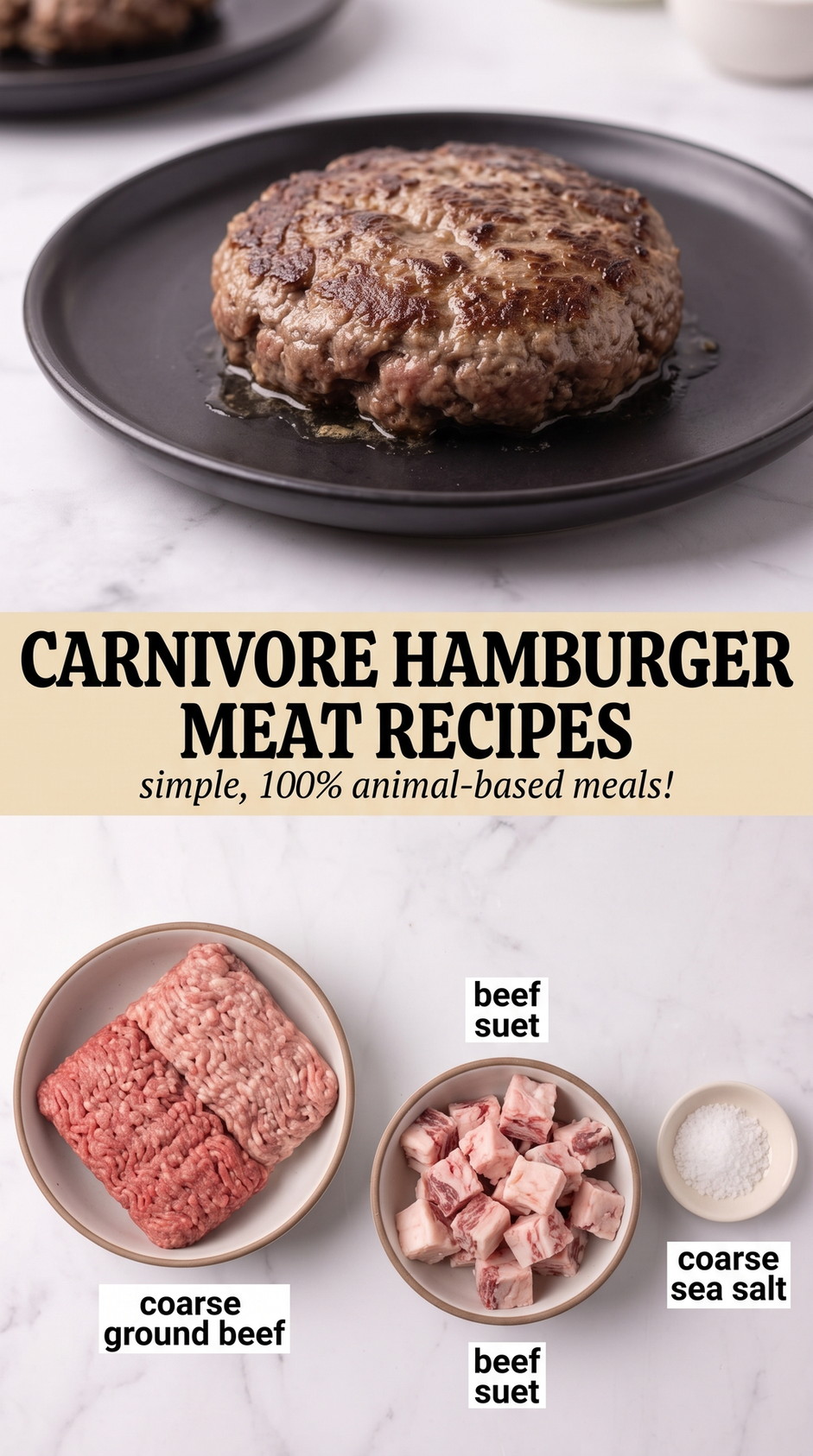 Carnivore Hamburger Meat Recipes with plain beef patties cooked in beef fat with only sea salt