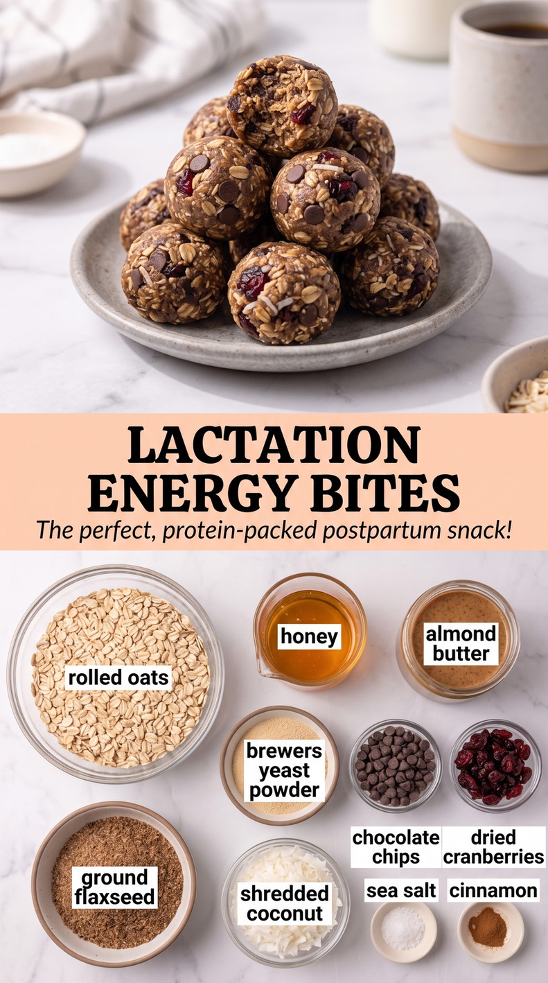 Best Postpartum Snacks showing dark oat energy bites with chocolate, cranberries and coconut
