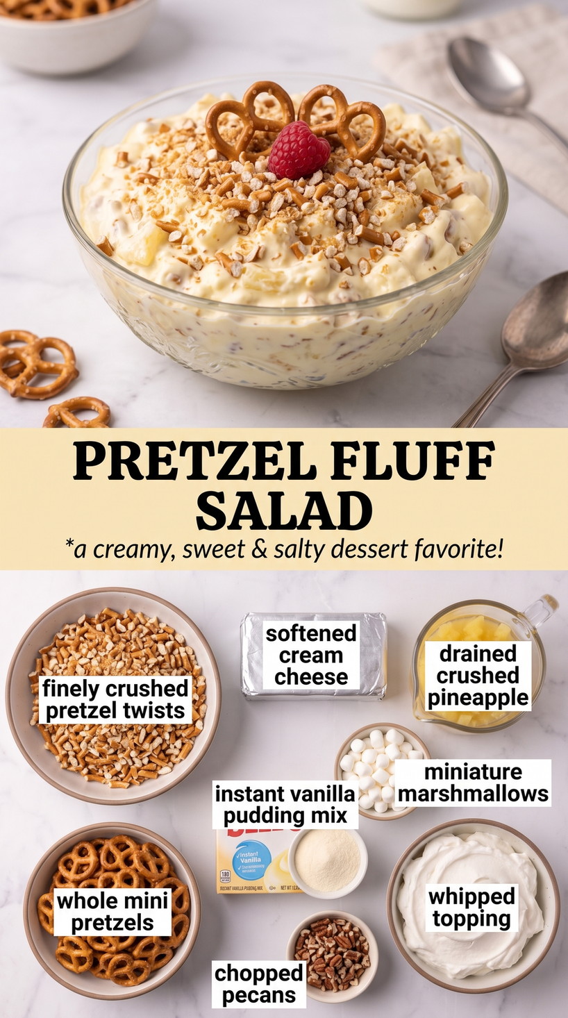 Pretzel Fluff Salad with creamy pineapple pretzel fluff with pudding, marshmallows, pecans, whipped topping, and mini pretzels