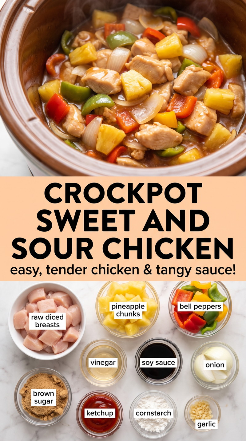Crockpot sweet and sour chicken finished dish made with raw diced chicken breasts, pineapple chunks, and bell peppers