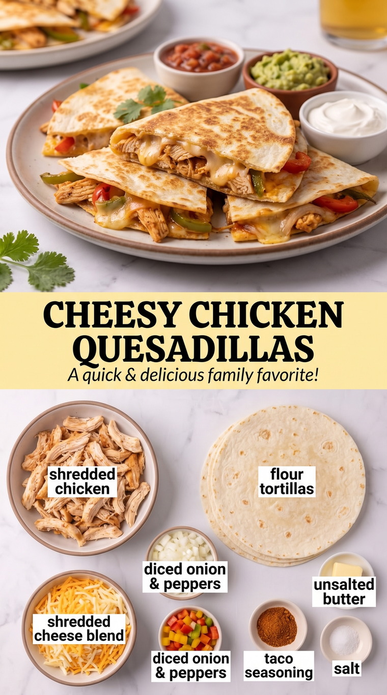 Cheesy chicken quesadillas showing golden crisp quesadillas with melted cheese and a savory filling