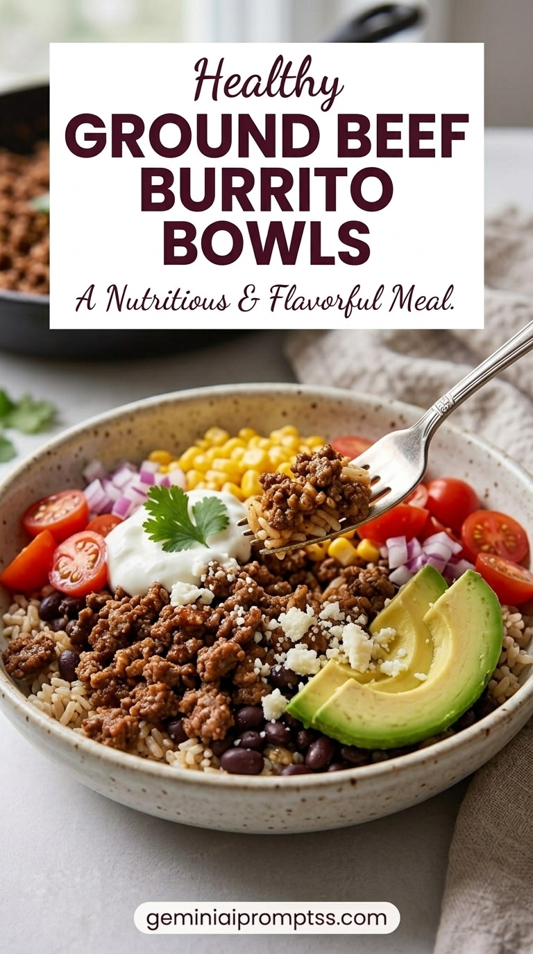 Healthy Hamburger Meat Recipes showing a healthy ground-beef burrito bowl with brown rice, black beans, corn, tomatoes, red onion, avocado, yogurt, and crumbly cheese