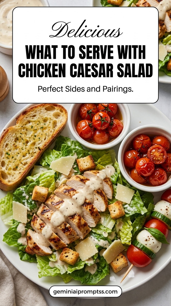 What to Serve with Chicken Caesar Salad with golden chicken, crisp romaine, Parmesan, creamy Caesar-style dressing, and crunchy elements such as croutons or toasted bread
