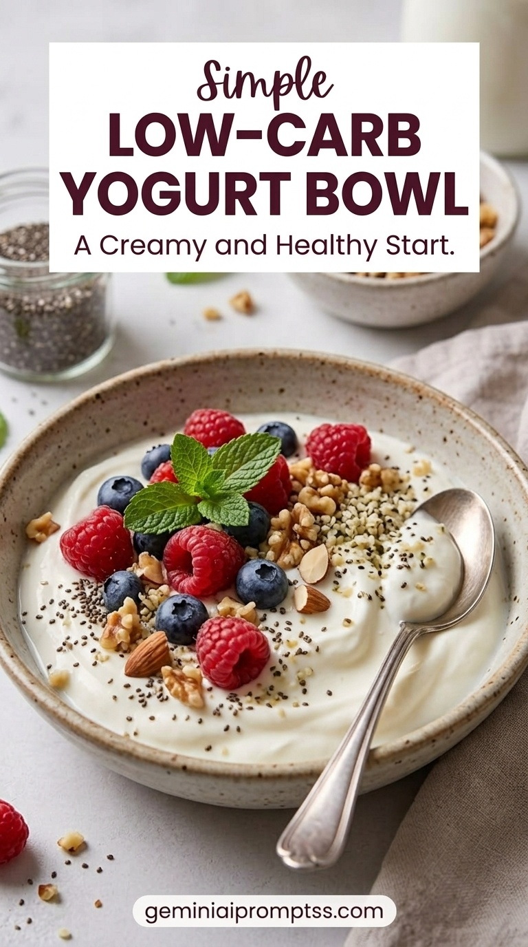 Low-carb Yogurt Bowl showing full-fat Greek yogurt with berries, walnuts, hemp, chia, coconut, and mint