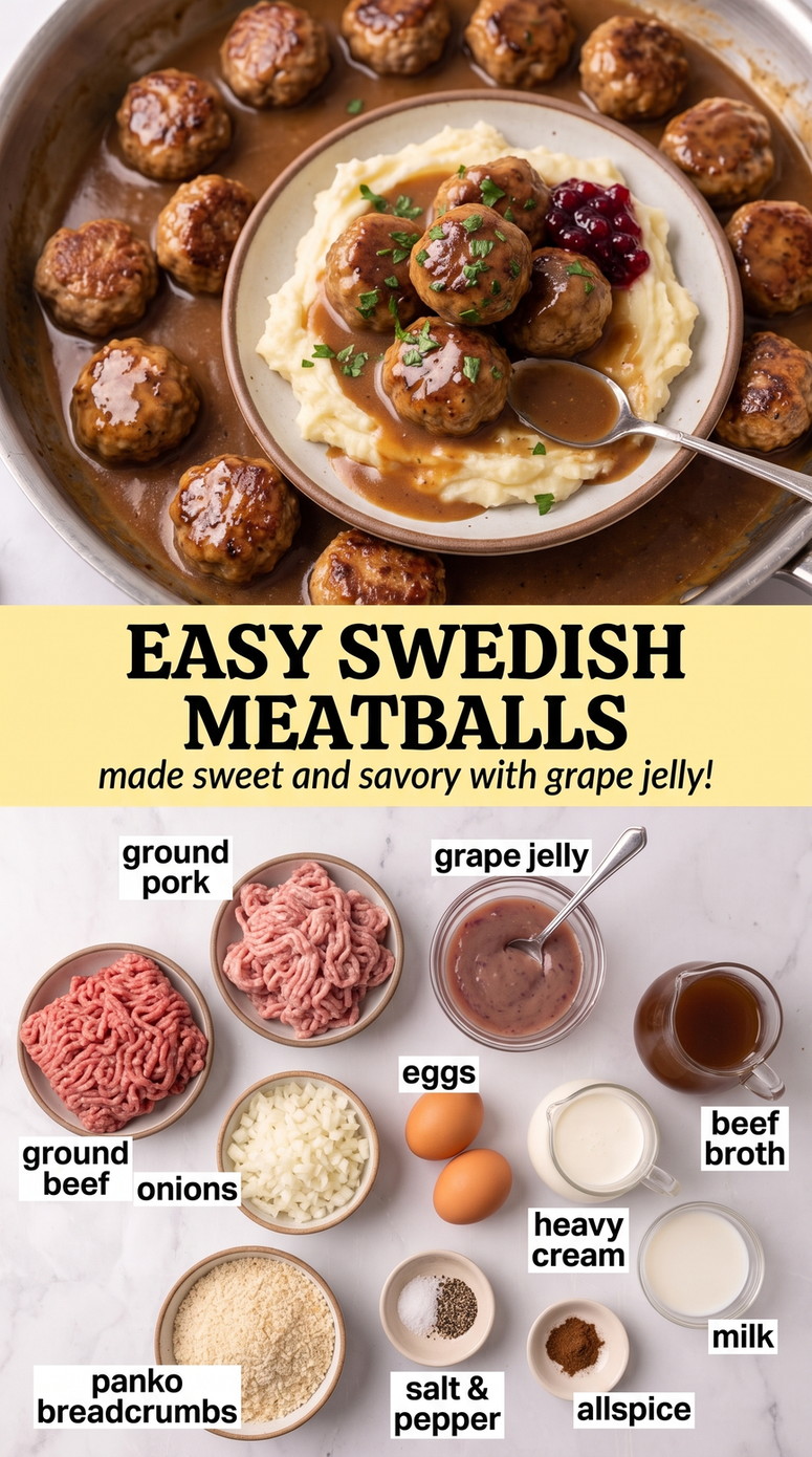 Swedish meatballs with grape jelly finished dish made with ground pork, ground beef, and grape jelly
