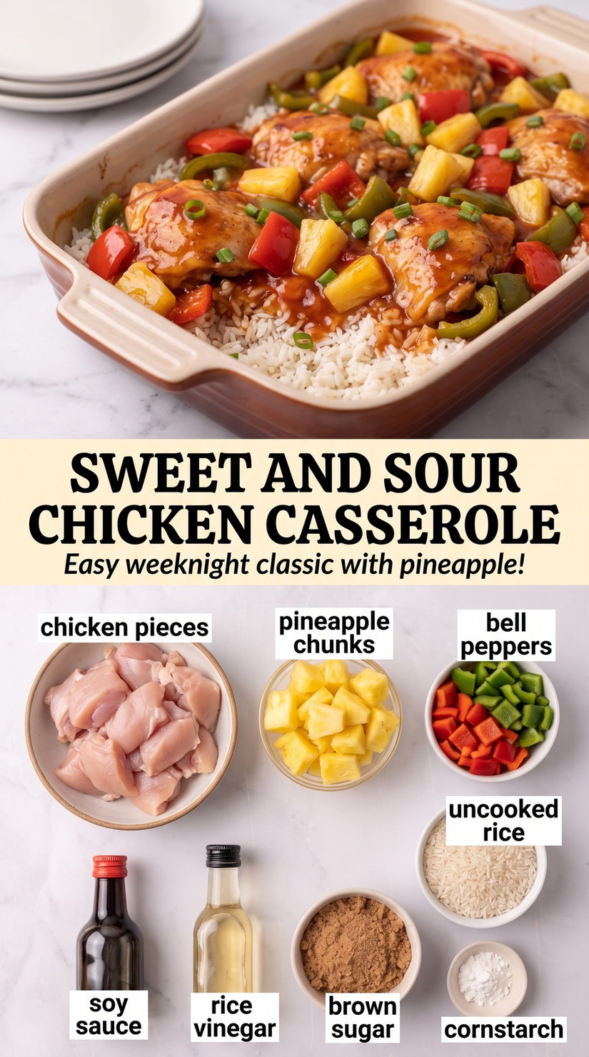 Sweet and sour chicken casserole finished dish made with chicken pieces, pineapple chunks, and bell peppers