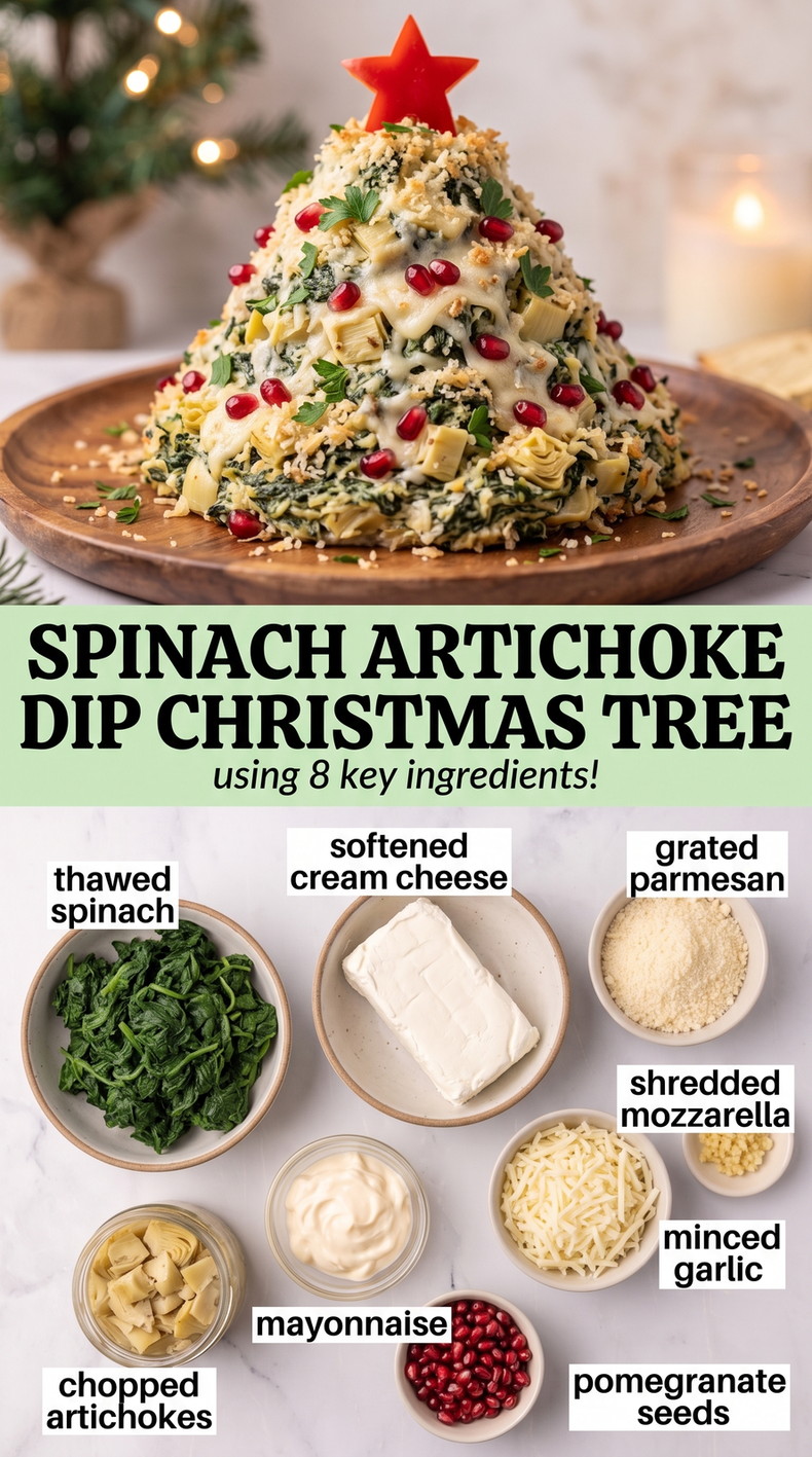 Spinach artichoke dip Christmas tree finished dish made with thawed spinach, softened cream cheese, and grated Parmesan