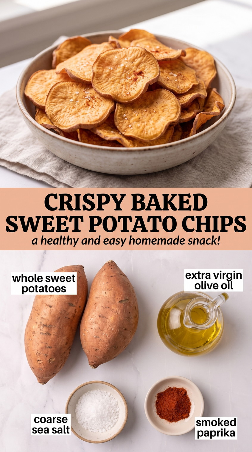 Sweet potato chips recipe finished dish made with whole sweet potatoes, extra-virgin olive oil, and coarse sea salt