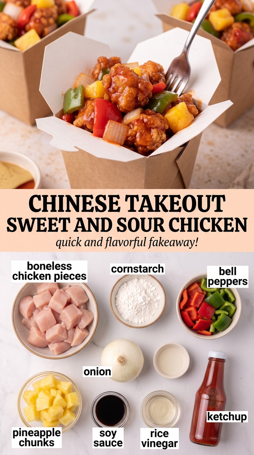 Chinese takeout sweet and sour chicken finished dish made with boneless chicken pieces, cornstarch, and bell peppers