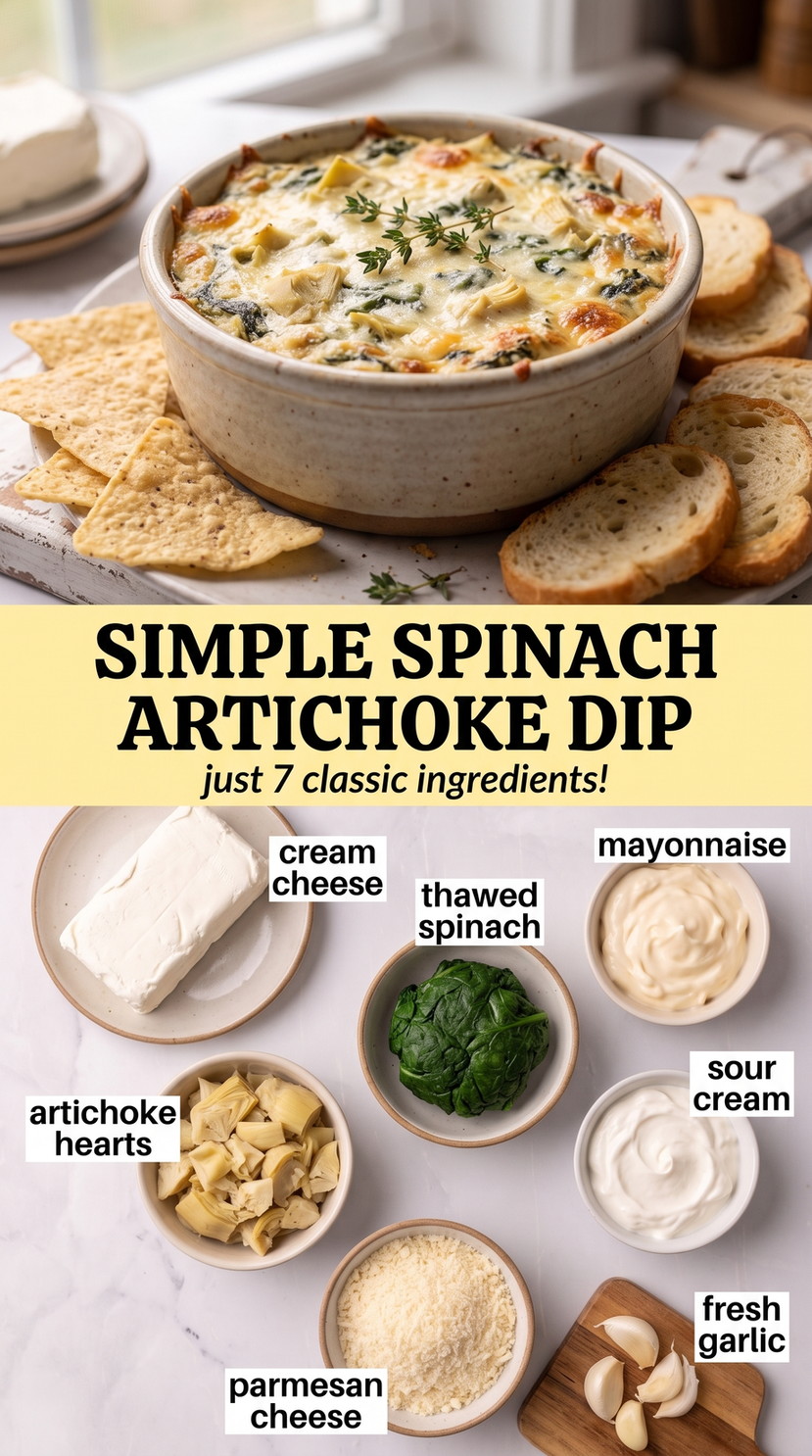 Simple spinach artichoke dip finished dish made with cream cheese, thawed spinach, and mayonnaise