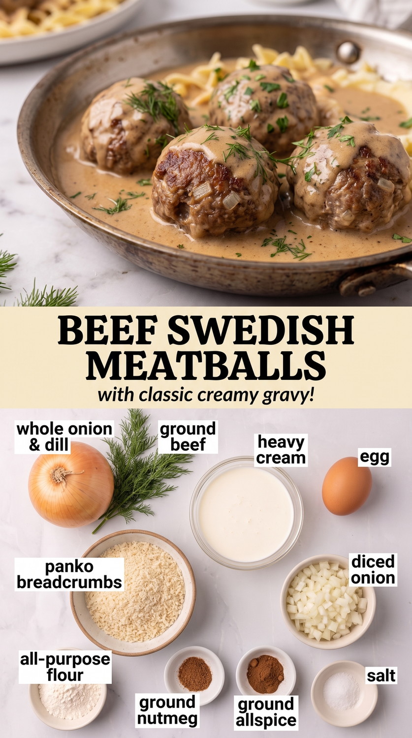 Beef Swedish meatballs finished dish made with whole onion, dill, and ground beef
