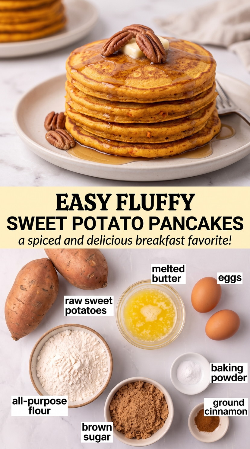 Sweet potato pancakes recipe finished dish made with sweet potatoes, melted butter, and eggs