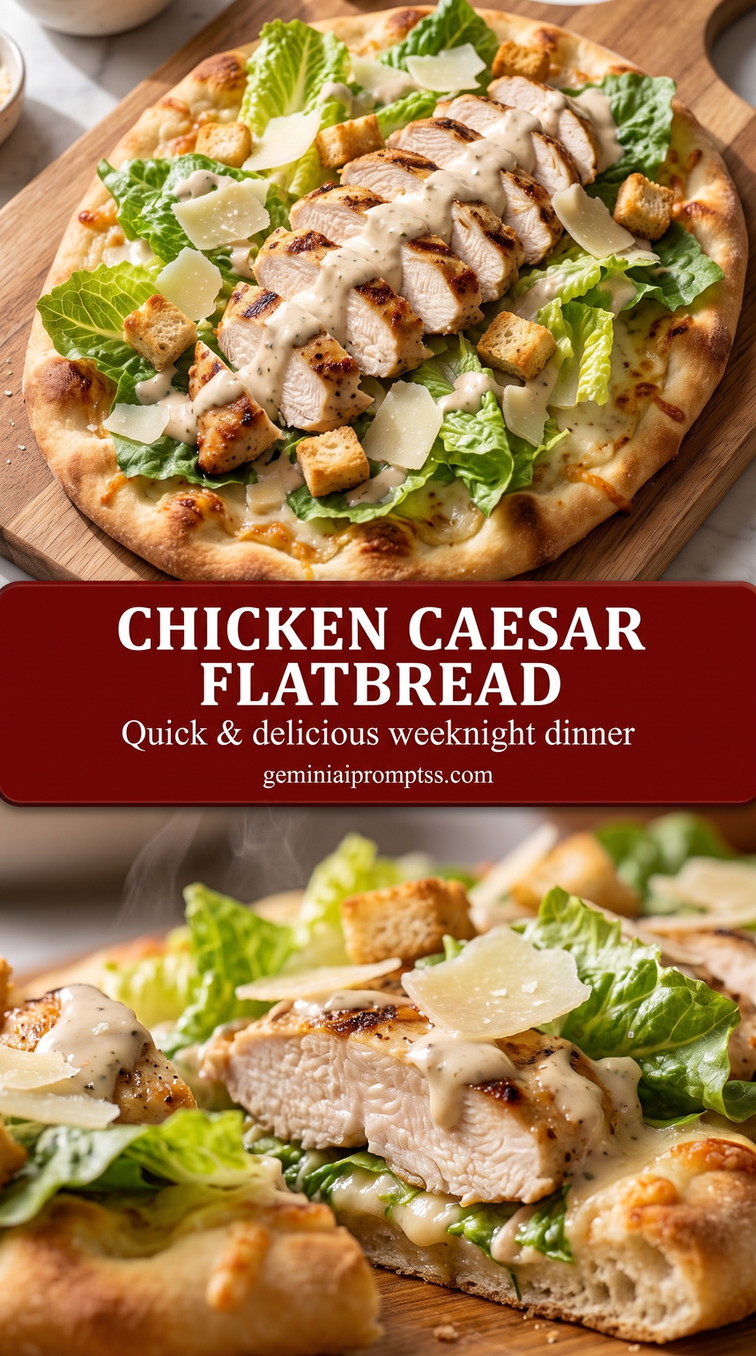 Chicken caesar flatbread showing grilled chicken with crisp Caesar greens, Parmesan, and croutons