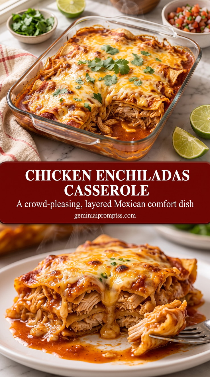 Chicken Enchiladas Casserole with rolled chicken enchiladas with red sauce, melted cheese, and a fresh green finish