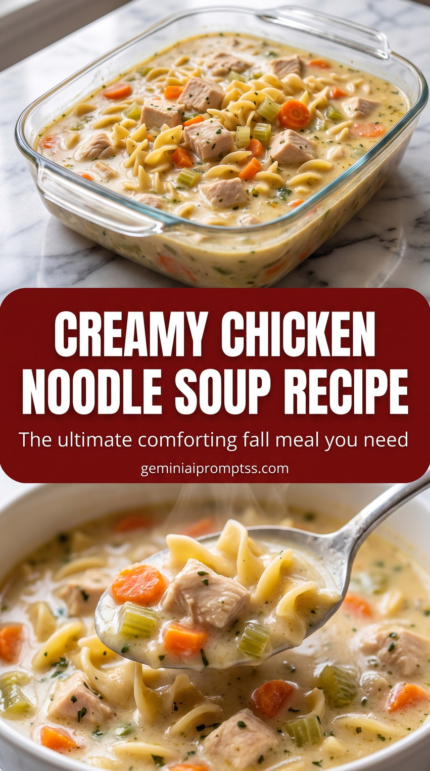 creamy chicken noodle soup with a light herb sauce with carrots, celery, egg noodles, and a gentle cream finish