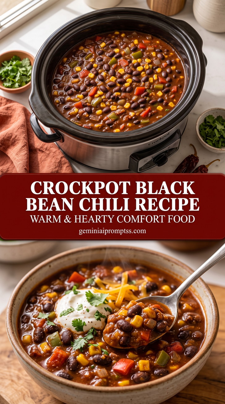 crockpot black bean chili recipe with a dark black bean chili with ground meat, black beans, corn, peppers, tomato, cheddar, a white creamy topping, and herbs