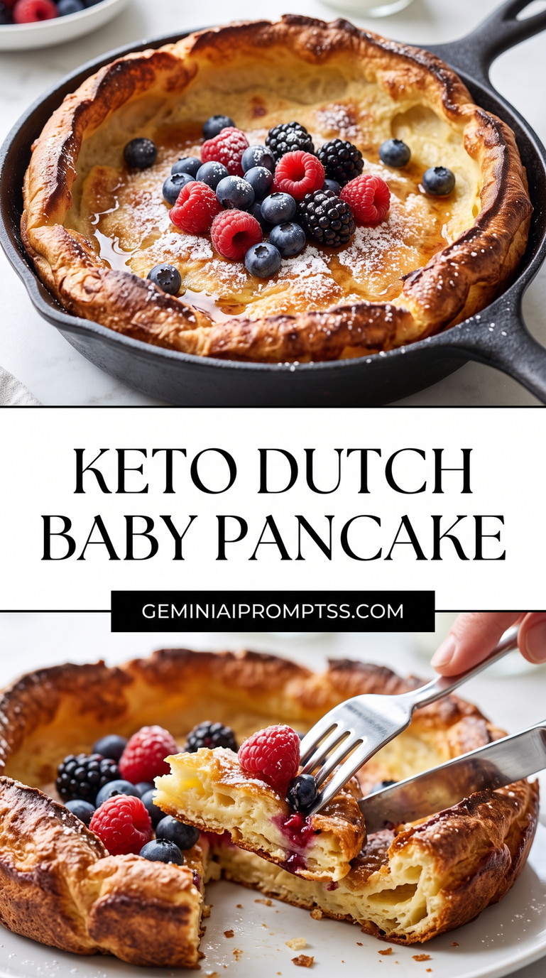 Keto Dutch Baby Pancake showing deeply browned low-carb Dutch baby with raspberries and dark berries