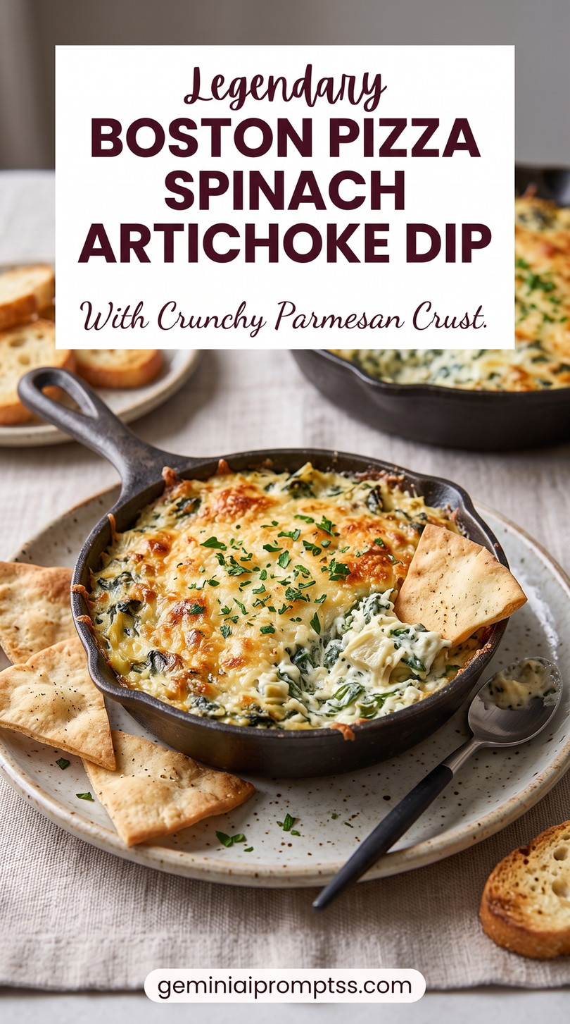 Boston Pizza spinach artichoke dip showing a skillet dip with a bubbling center and crunchy Parmesan-panko crust