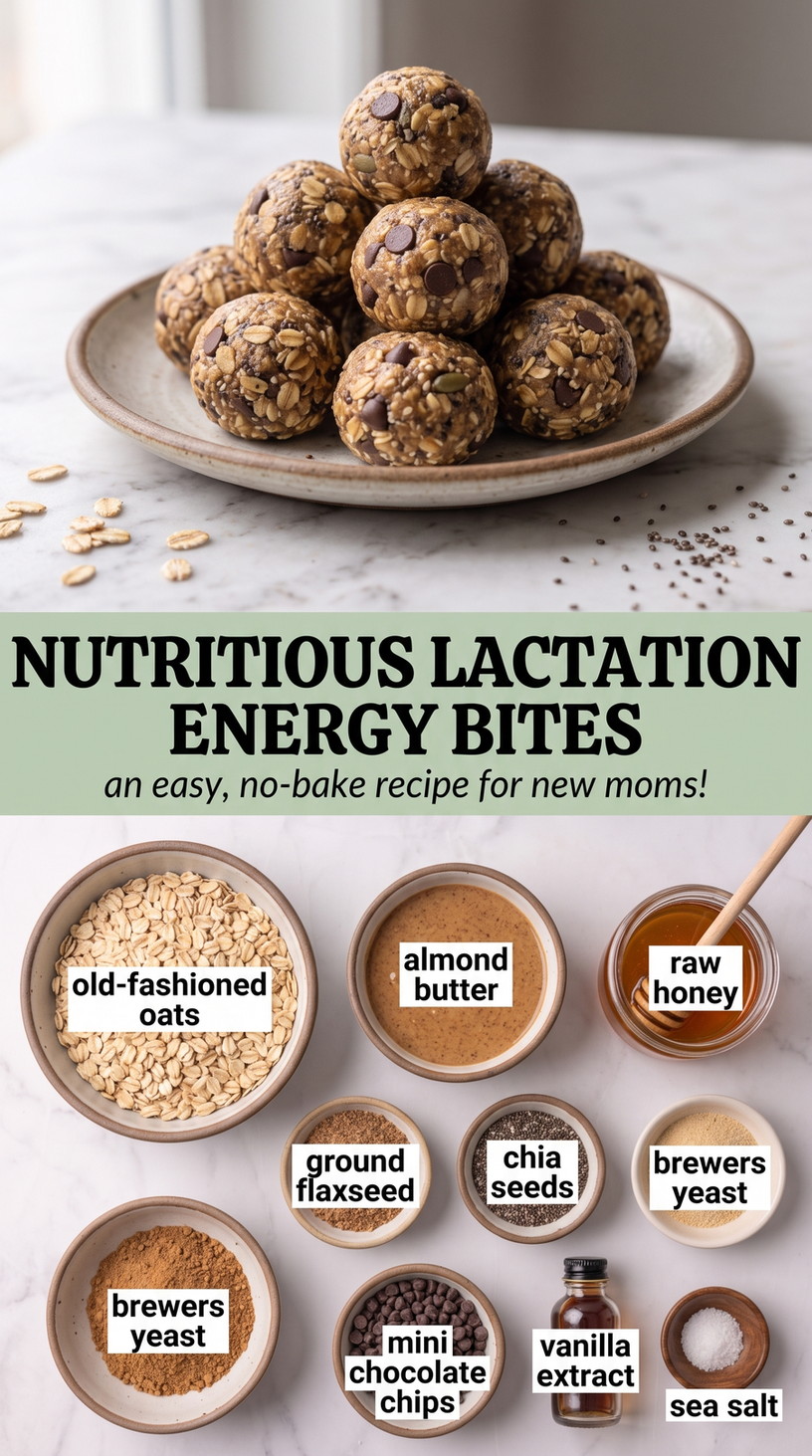 Easy Postpartum Snacks showing simple no-bake oat, almond-butter and chocolate energy bites
