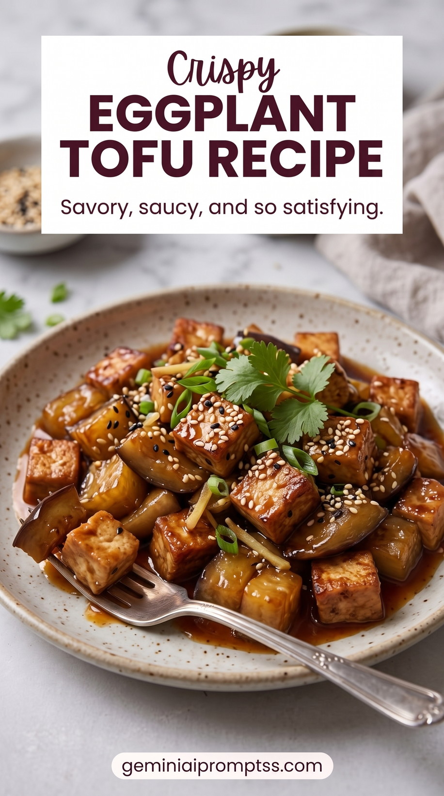 Crispy Eggplant Tofu Stir-Fry showing eggplant and tofu in a glossy sauce with sesame and scallions