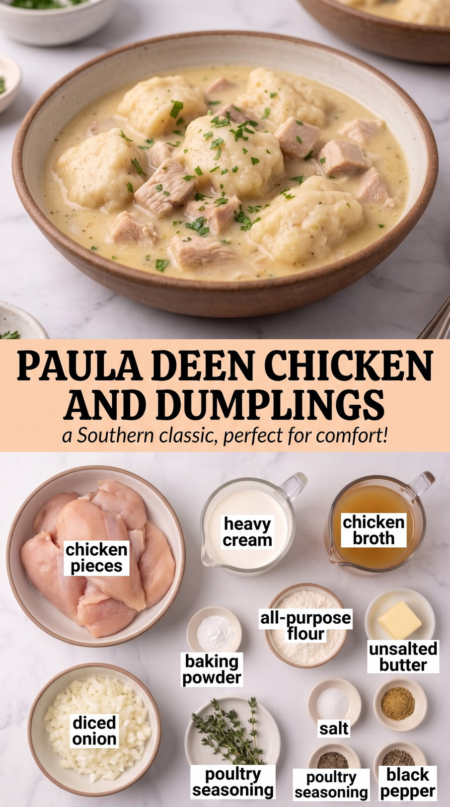 Paula Deen Chicken and Dumplings with creamy chicken and dumplings with soft drop dumplings and mild poultry seasoning