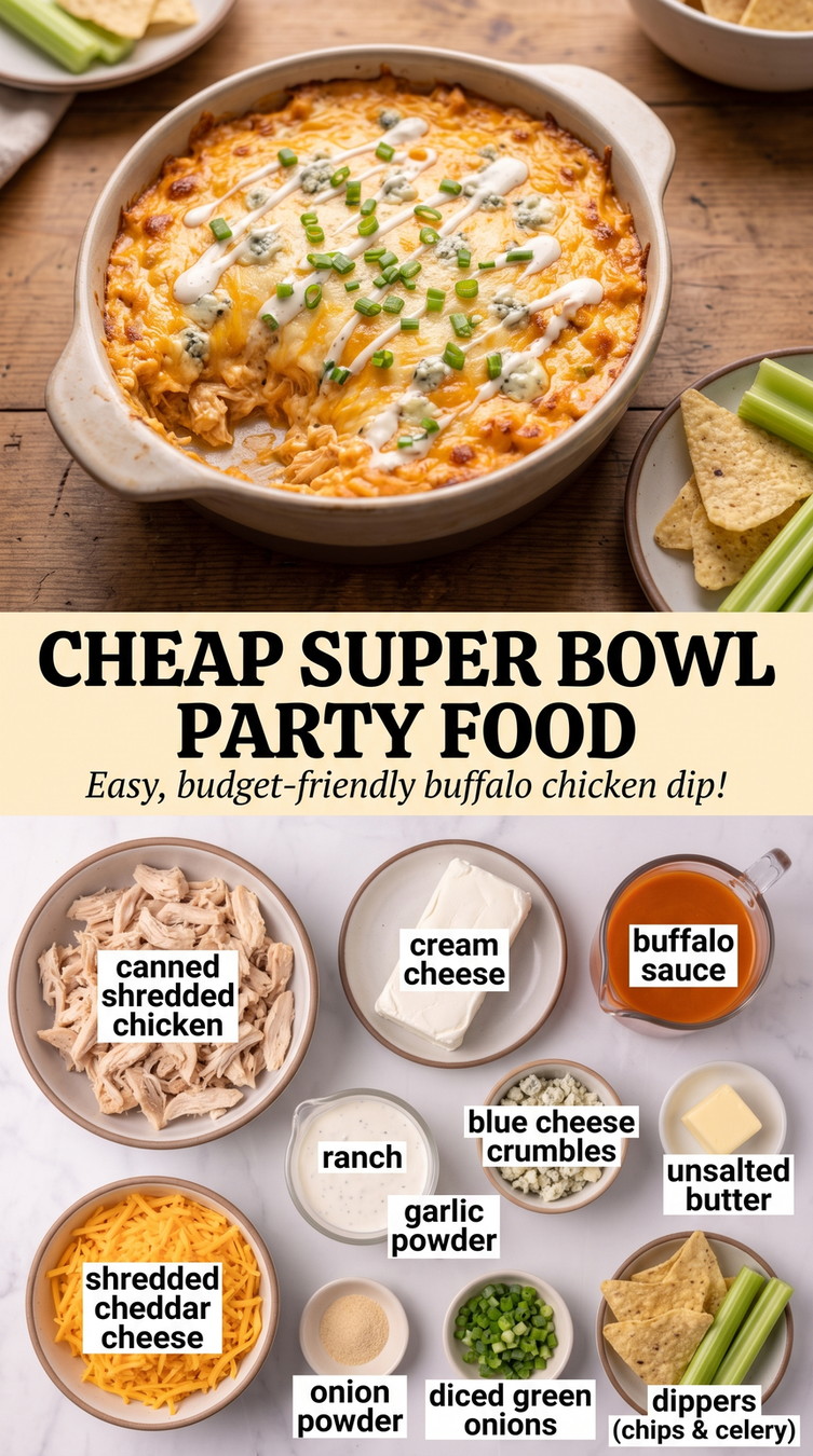 Cheap Super Bowl Party Food with budget-friendly buffalo chicken dip with cheddar, cream cheese, ranch, blue cheese, and chips-and-celery dippers