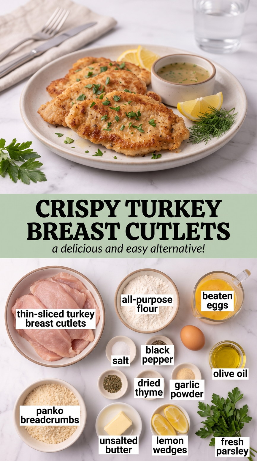 Turkey Breast Cutlets with Sage Pan Sauce prepared as a finished turkey breast cutlet recipe recipe with browned cutlets ready to serve