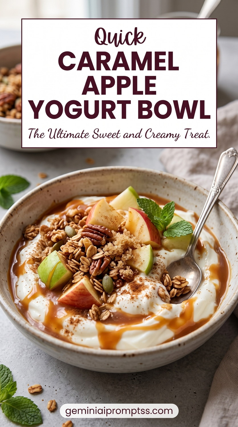 Caramel Apple Yogurt Bowl showing Greek yogurt with caramel apples, granola, pecans, cinnamon, caramel, and mint