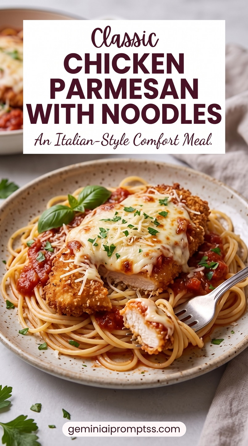 Chicken Parmesan Recipe with Noodles with golden chicken cutlets with a red tomato sauce, melted cheese, Parmesan, and a fresh green herb garnish