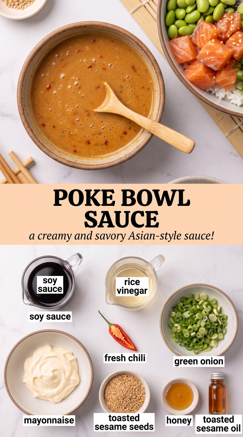 Poke Bowl Sauce showing a creamy soy-sesame poke sauce with chili, green onion, and sesame