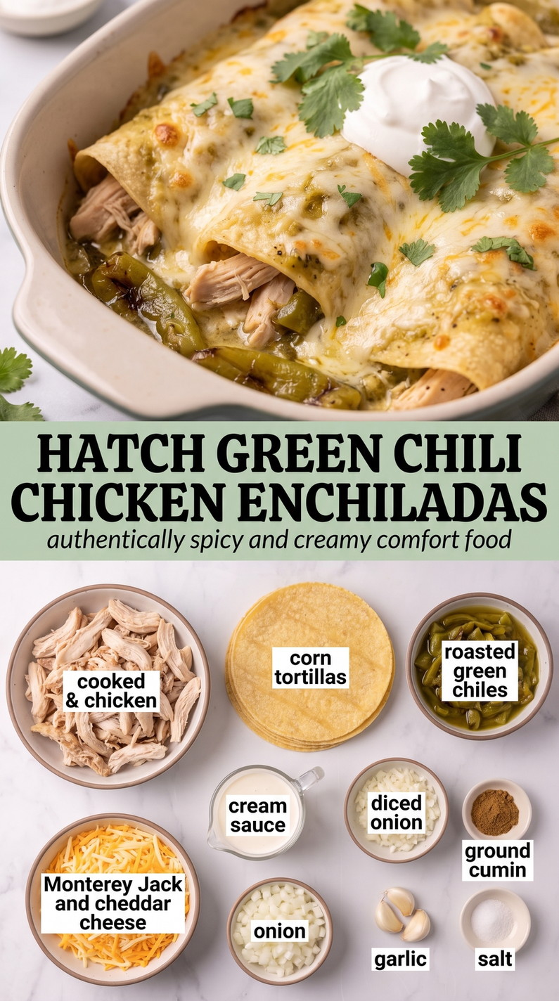 Hatch green chili chicken enchiladas showing rolled chicken enchiladas covered with sauce and melted cheese