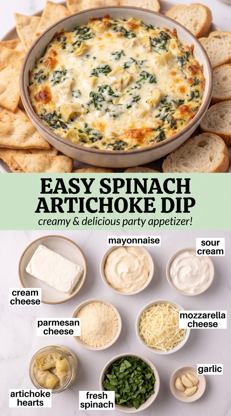Easy spinach artichoke dip finished dish made with cream cheese, mayonnaise, and sour cream