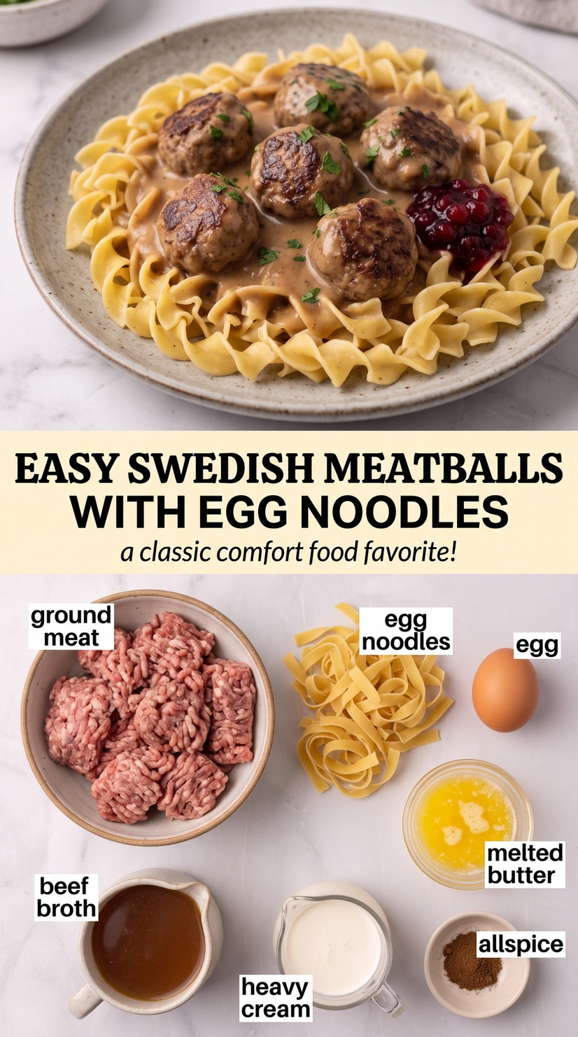 Swedish meatballs with egg noodles finished dish made with ground meat, egg noodles, and egg
