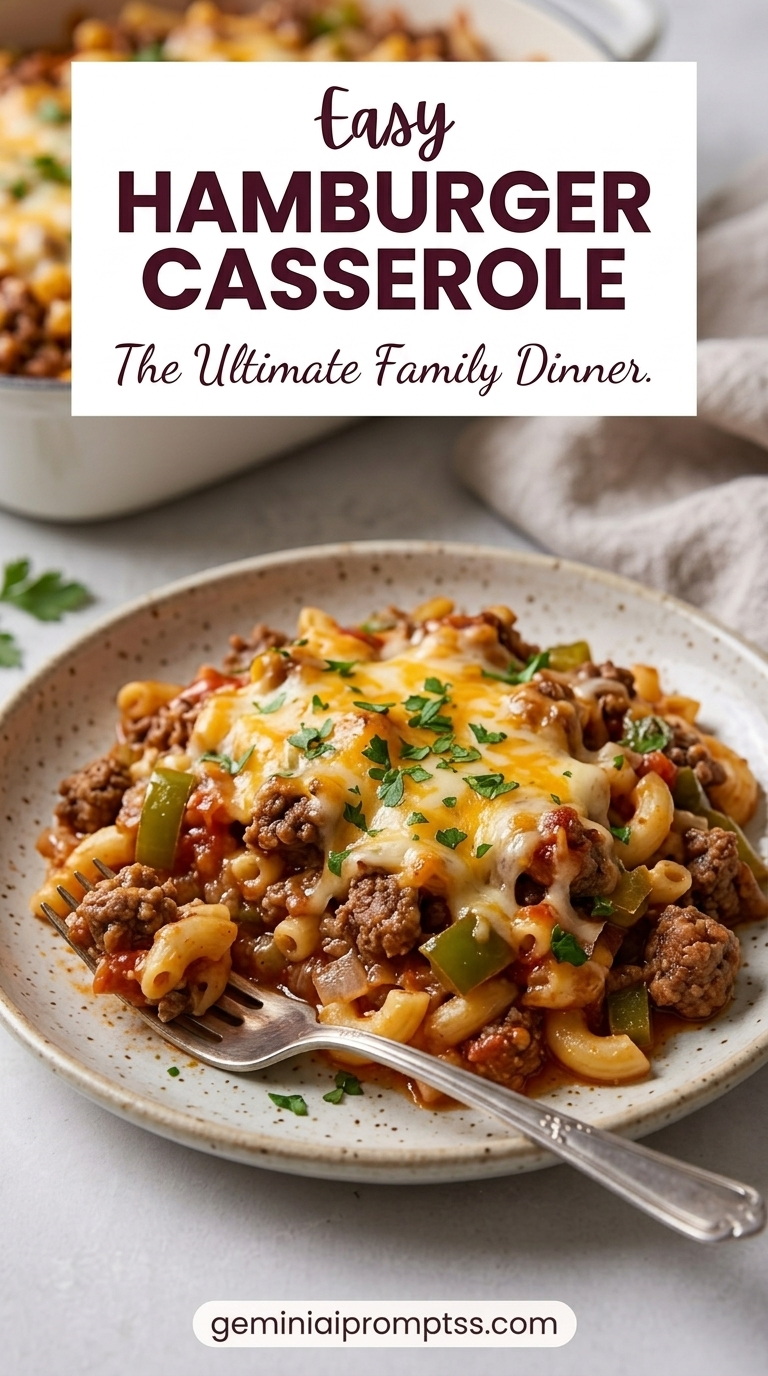 Hamburger Casserole Recipes showing a baked hamburger macaroni casserole with peppers, tomato sauce, browned beef, melted cheddar, and herbs