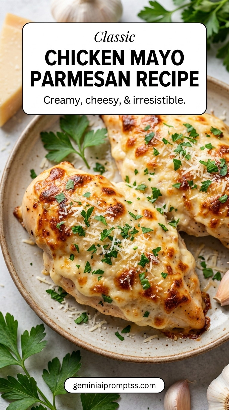 Chicken Mayo Parmesan Recipe with golden Parmesan-crusted chicken with a crisp, textured top, a fresh green herb garnish, and a simple vegetable side