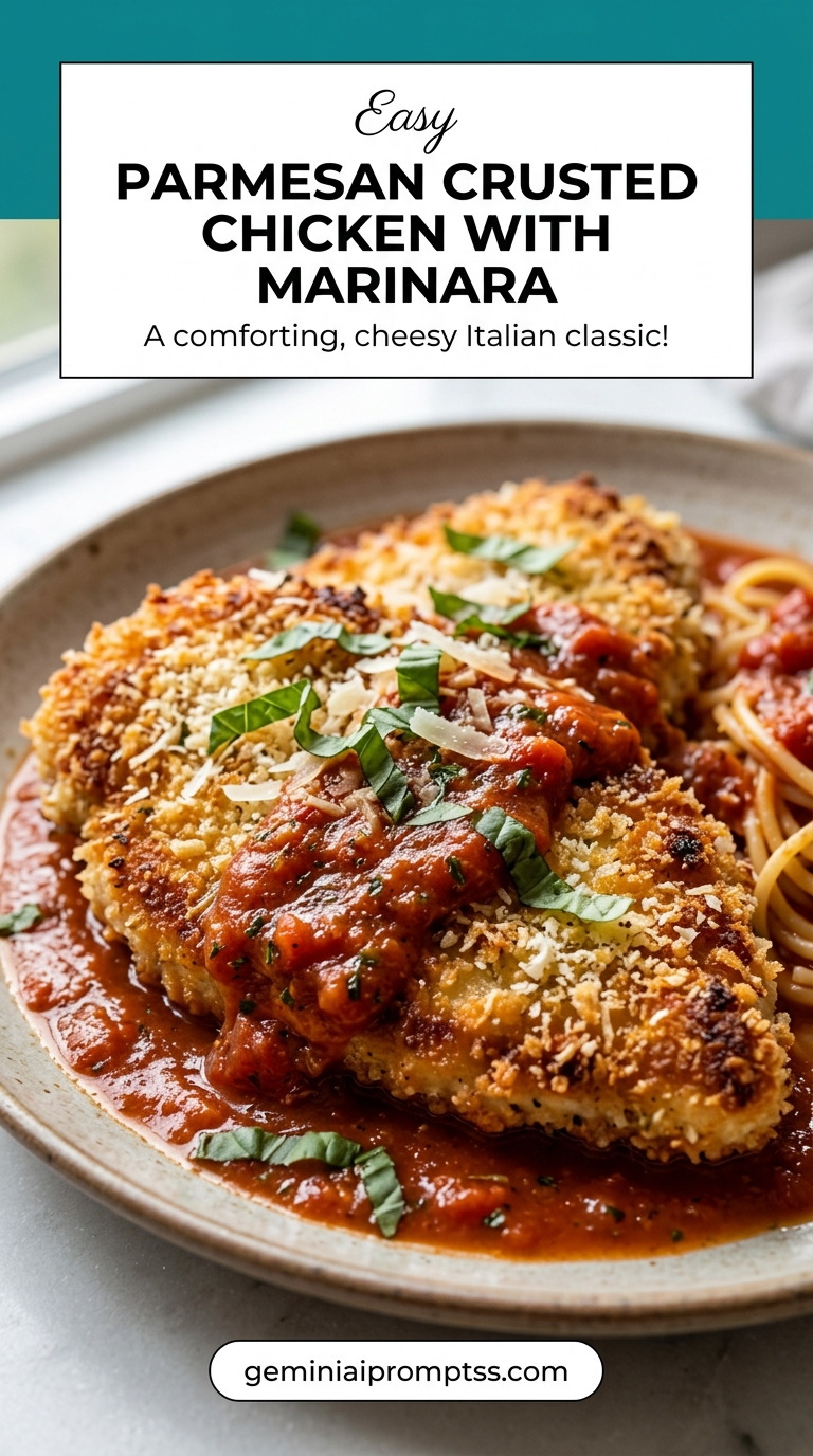 Parmesan Crusted Chicken with Marinara finished dish with marinara sauce, melted cheese