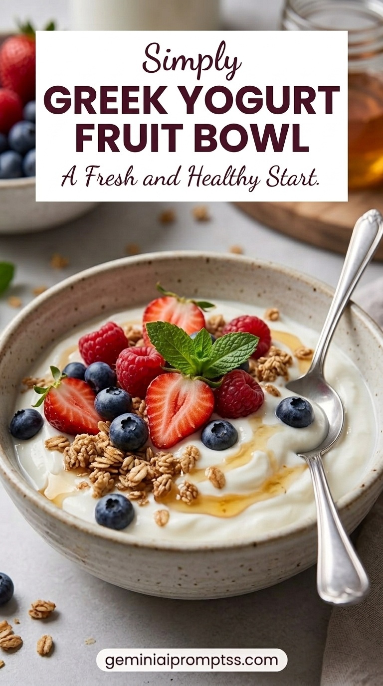 Greek Yogurt Fruit Bowl showing Greek yogurt with strawberries, blueberries, raspberries, granola, almonds, and mint