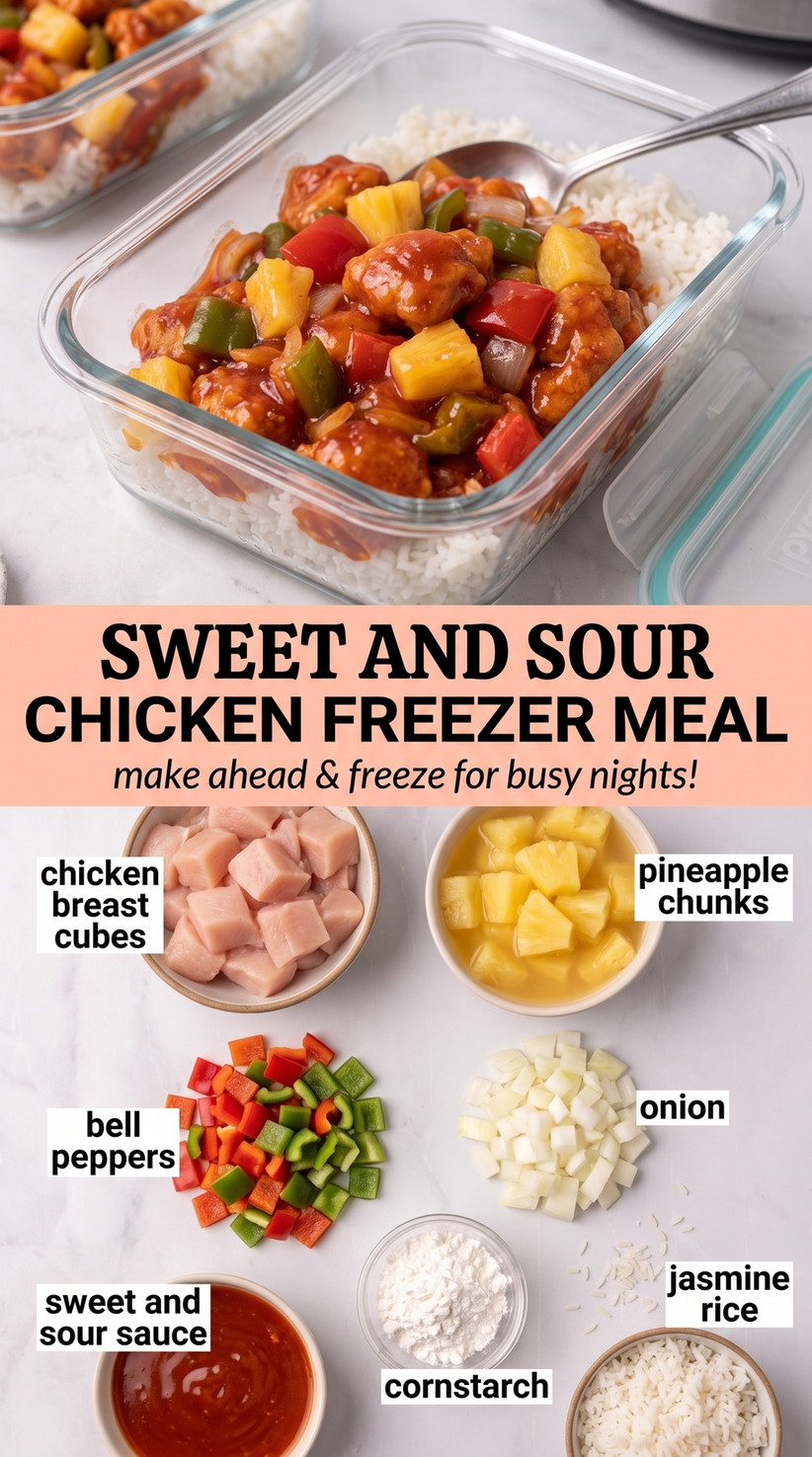 Sweet and sour chicken freezer meal finished dish made with chicken breast cubes, pineapple chunks, and bell peppers