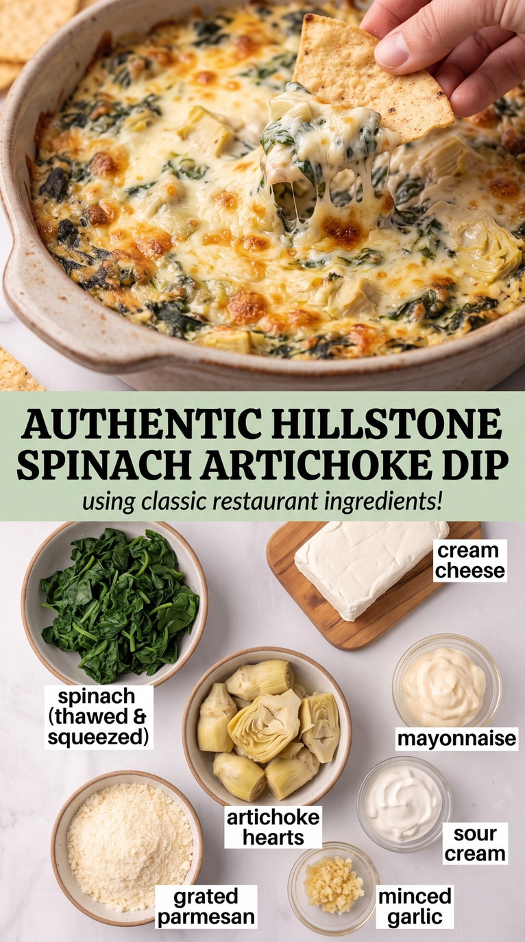 Hillstone spinach artichoke dip finished dish made with spinach, artichoke hearts, and cream cheese
