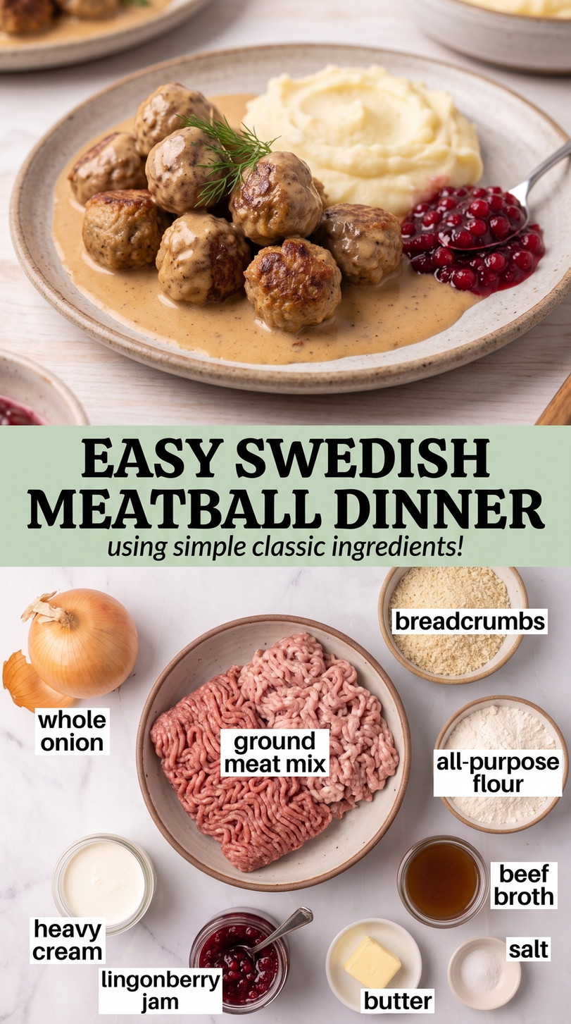 Swedish meatball dinner finished dish made with whole onion, ground meat blend, and breadcrumbs
