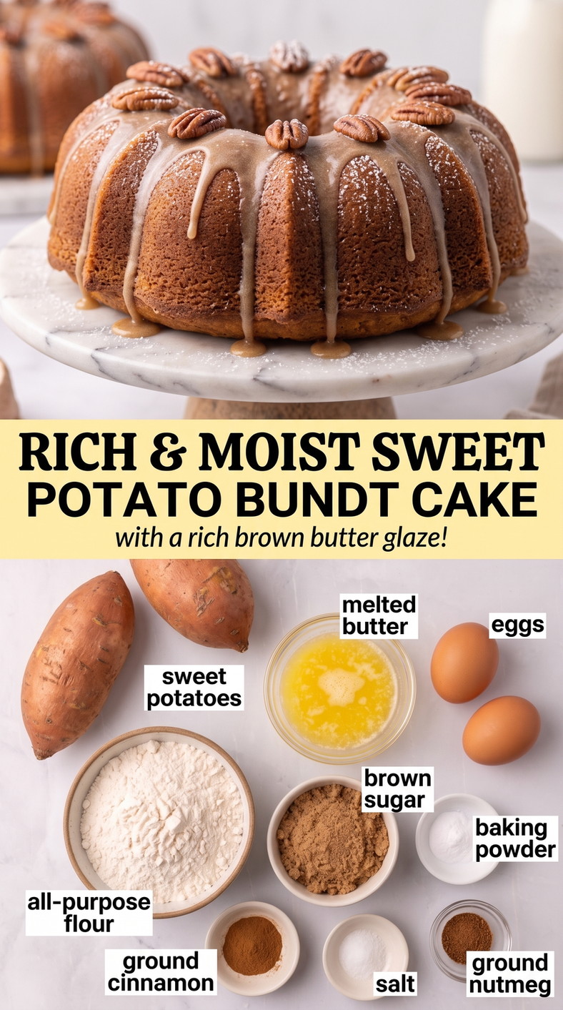 Sweet potato Bundt cake recipe finished dish made with sweet potatoes, melted butter, and eggs