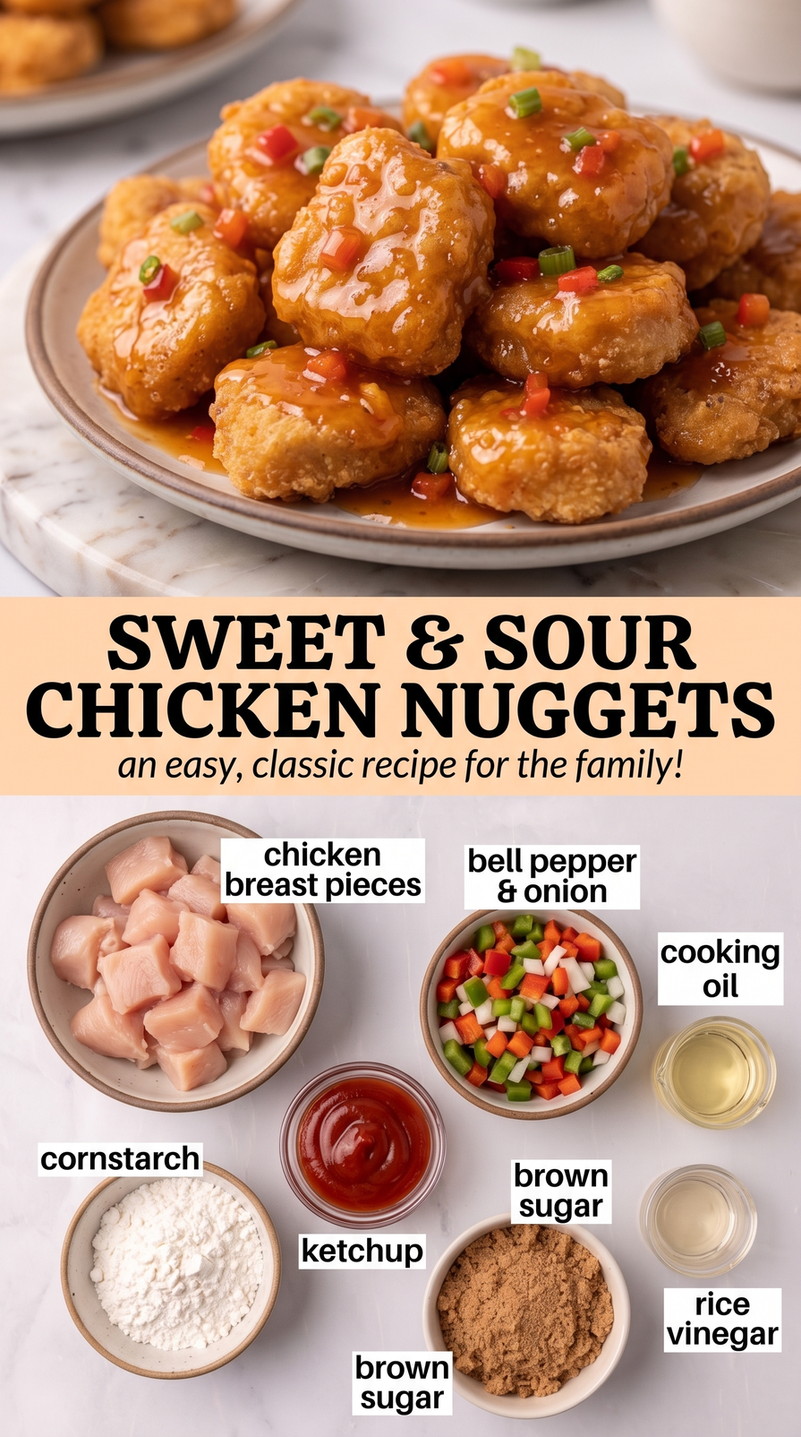 Sweet and sour chicken nuggets finished dish made with chicken breast pieces, bell pepper, and onion