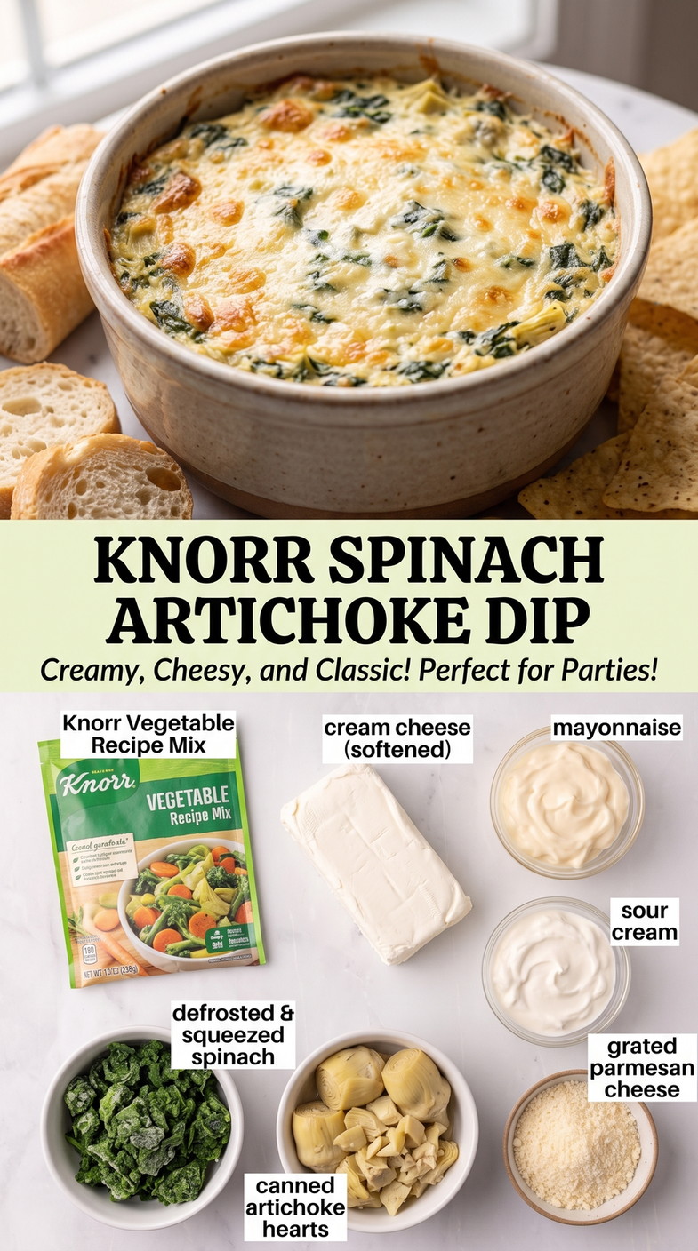 Knorr spinach artichoke dip finished dish made with Knorr vegetable recipe mix, softened cream cheese, and mayonnaise