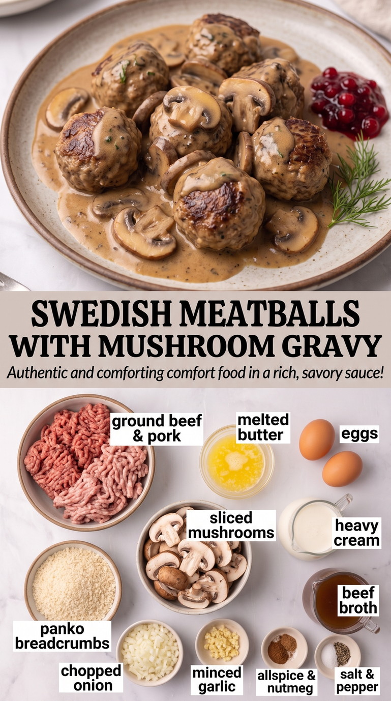 Swedish meatballs with mushroom gravy finished dish made with ground beef and pork, melted butter, and eggs