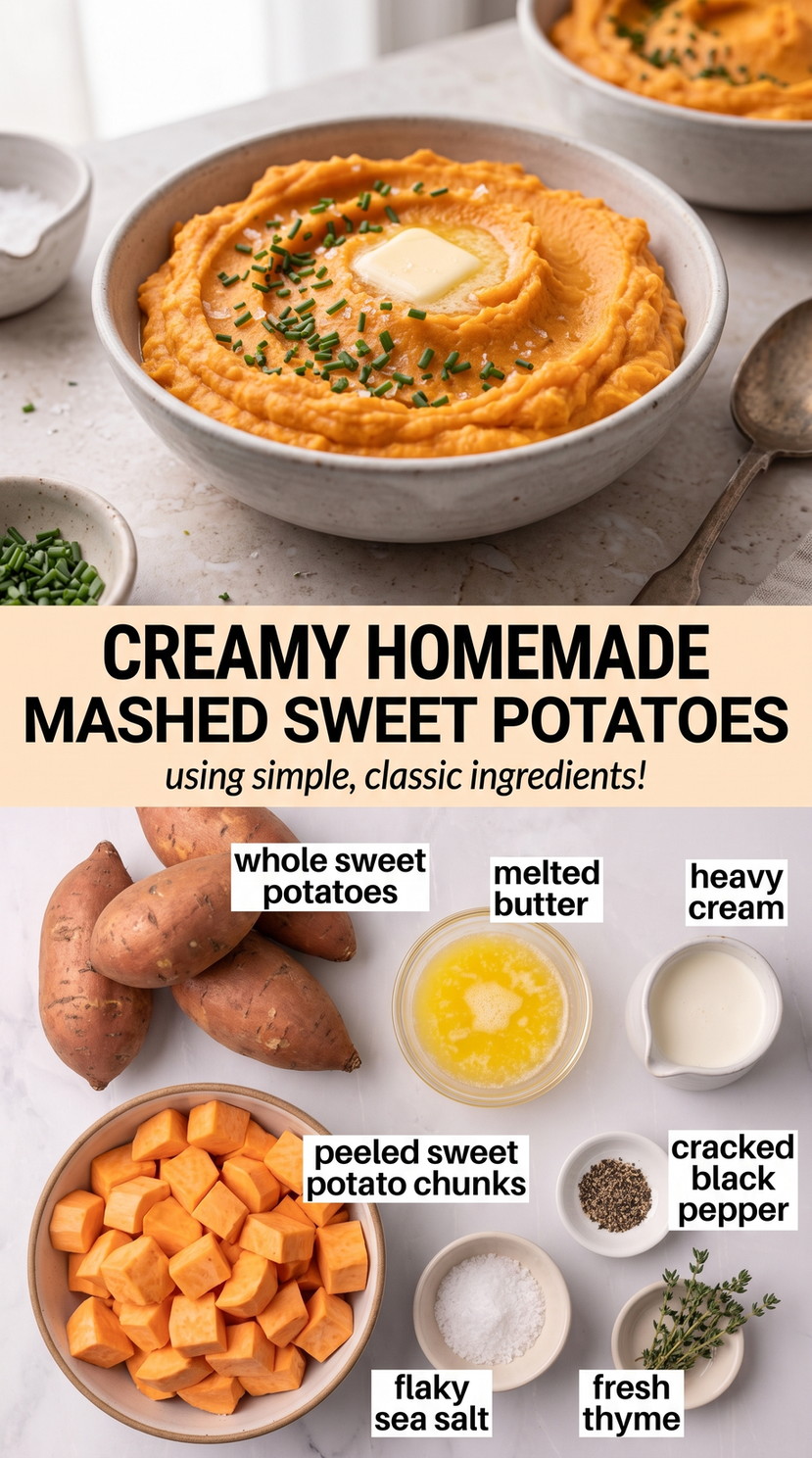 Mashed sweet potato recipe finished dish made with whole sweet potatoes, peeled sweet potato chunks, and melted butter