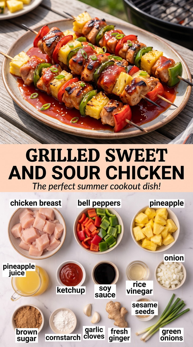 Grilled sweet and sour chicken finished dish made with chicken breast, bell peppers, and pineapple