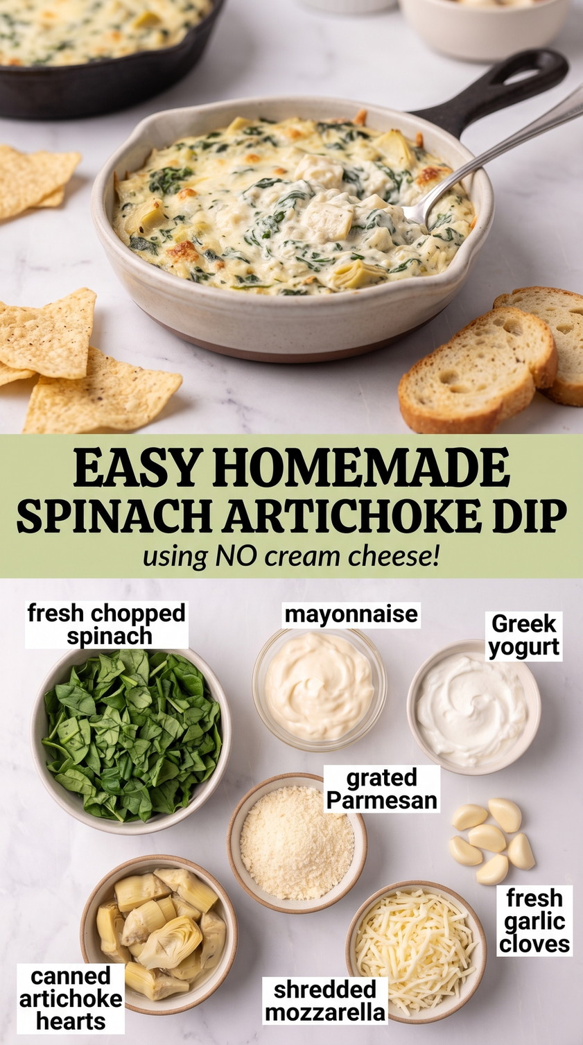 Spinach artichoke dip without cream cheese finished dish made with fresh chopped spinach, mayonnaise, and Greek yogurt
