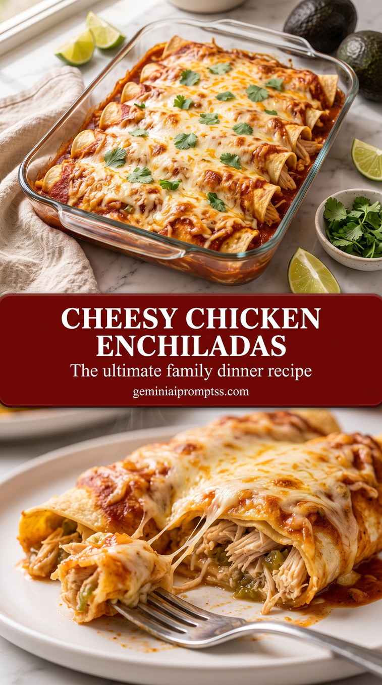Cheesy Chicken Enchiladas with rolled chicken enchiladas with red sauce, melted cheese, and a fresh green finish