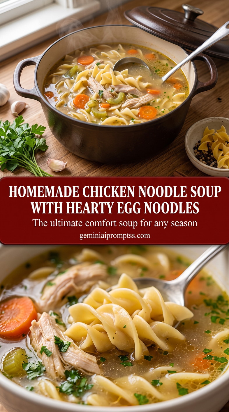 Homemade Chicken Noodle Soup with Hearty Egg Noodles finished dish with homemade chicken noodle soup with hearty egg noodles