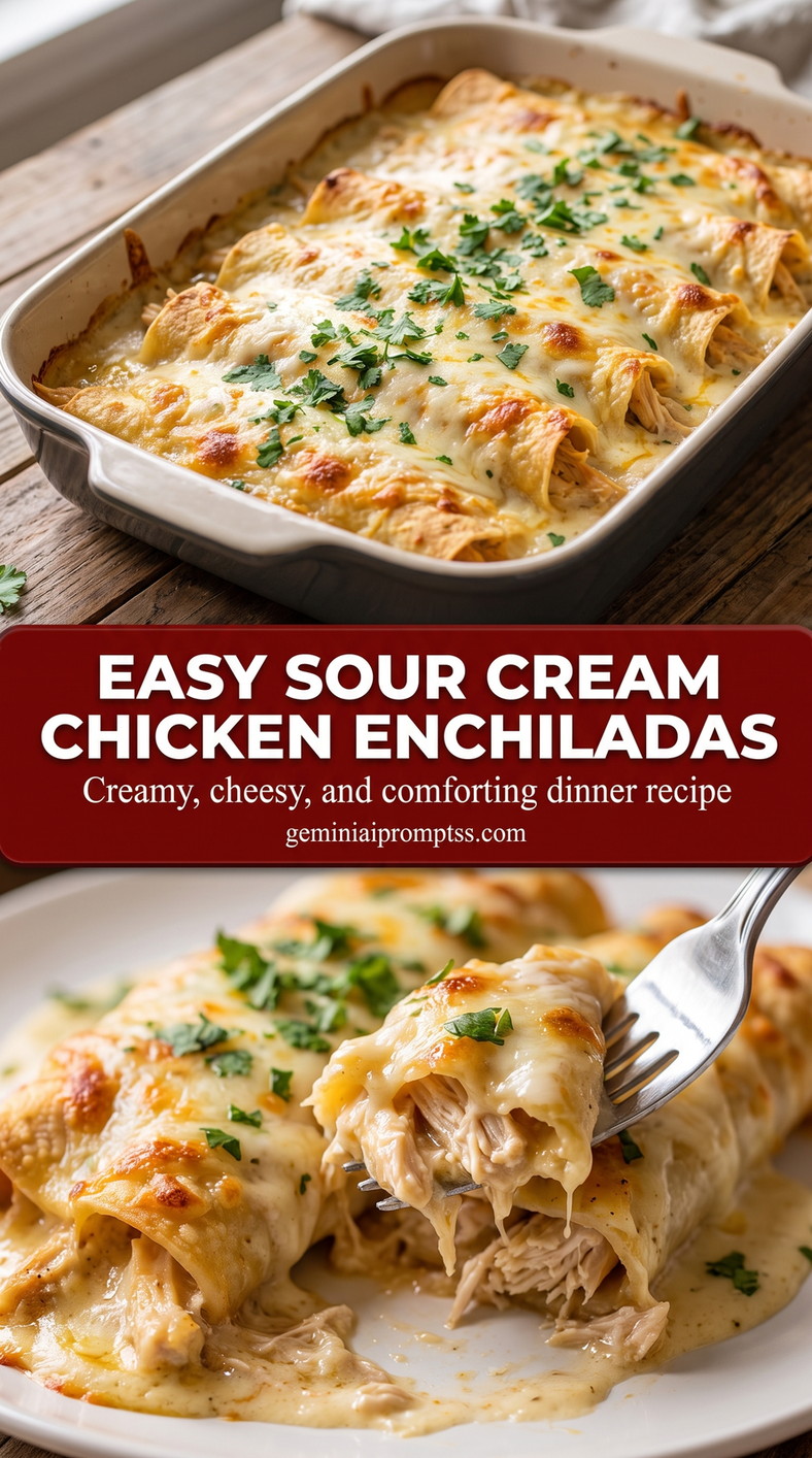 Easy sour cream chicken enchiladas showing baked chicken enchiladas covered with bubbling sauce and melted cheese